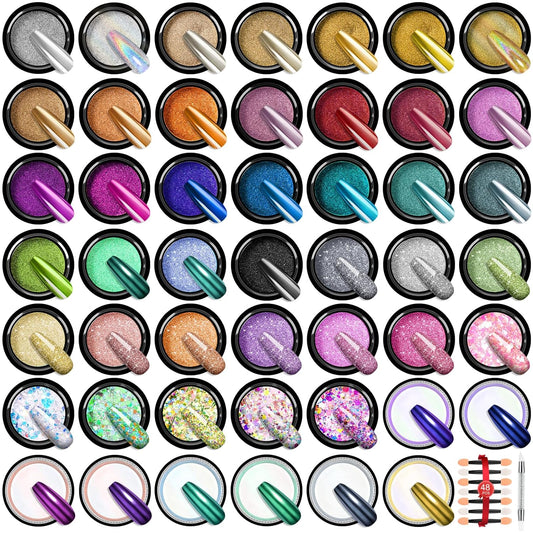 49Pcs Saviland Chrome Nail Powder Set - Metallic Silver Green Red Gold Chrome Nail Powder Mirror Holographic Mermaid Chrome Powder for Gel Nails with Nail Glitter Dust for Manicure Nail Art Decoration
