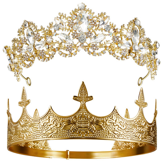 2 Pcs Antique Royal King Crown for Men Baroque Queen Crown for Wedding Birthday Women Crystal Tiara Prom Accessories Graduation Costume Party Hair Accessories(Elegant Style)