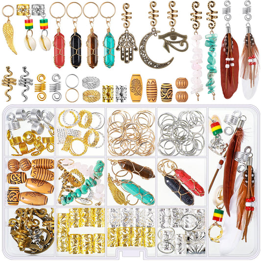 Yaomiao 150 Pieces Hair Jewelry Dreadlocks Crystal Wire Wrapped Loc Adornment Assorted Imitation Wood Beads Braid Accessories for Braids Hair Cuffs Decorations for Women Girl(Vivid Style)